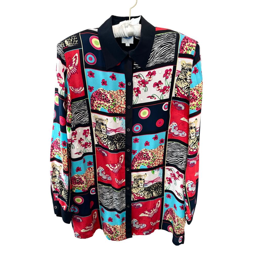 DG2 Vintage 100% Silk Patchwork Leopard Floral Button Front Blouse Top Medium